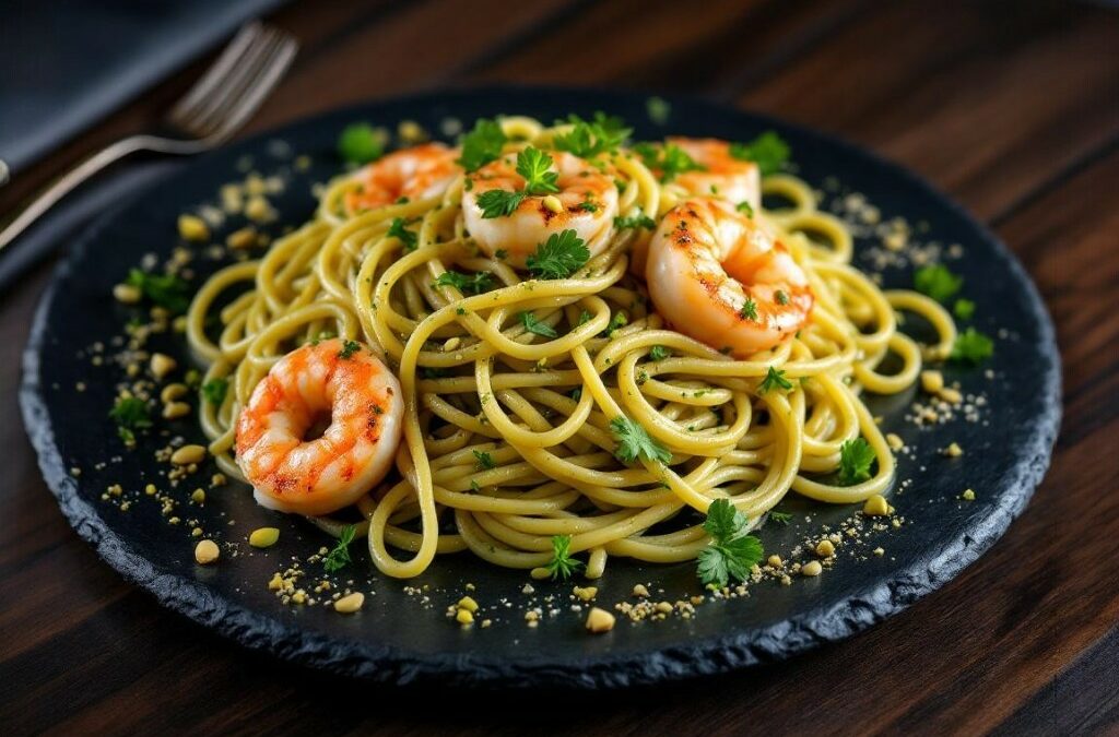 Spaghetti mit Pistazienpesto und Garnelen