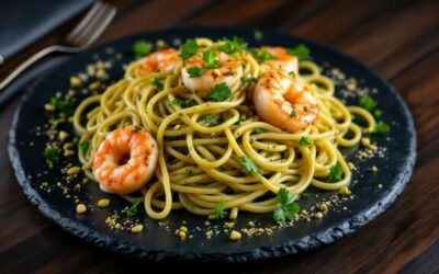 Spaghetti mit Pistazienpesto und Garnelen
